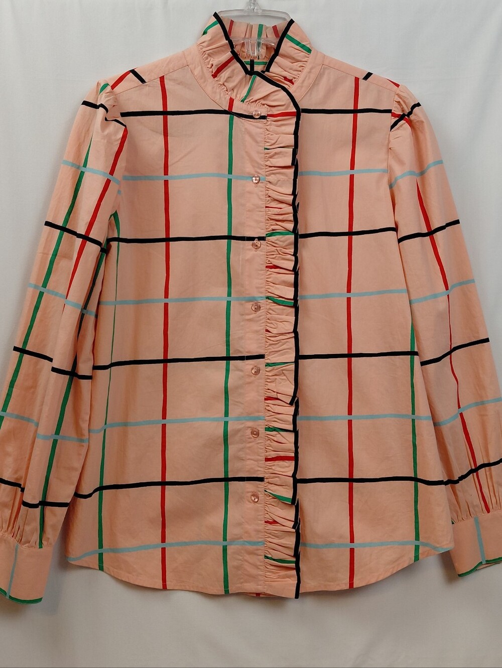 Clare V Ella Blouse Blush Windowpane Women's Size Medium Ruffle - Picture 6 of 9